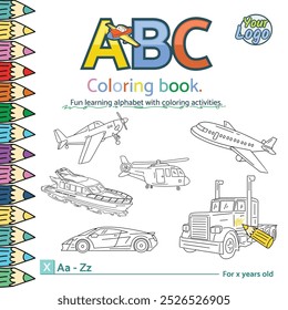 Coloring book cover square resolution Ideas transportations. simple design for coloring book. Attractive children's educational book covers