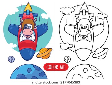 coloring book with cow astronaut space cartoon illustration for kids