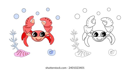 Coloring book Crab with shells, bubbles and algae in the ocean. For posters, prints on clothes. Vector
