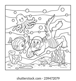 Coloring book (crocodile diver, ocean floor)