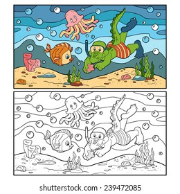 Coloring Book (crocodile Diver, Ocean Floor)