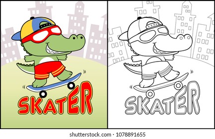 Coloring book of crocodile playing skateboard on buildings background