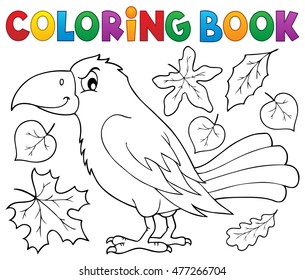 Coloring book with crow and leaves - eps10 vector illustration.