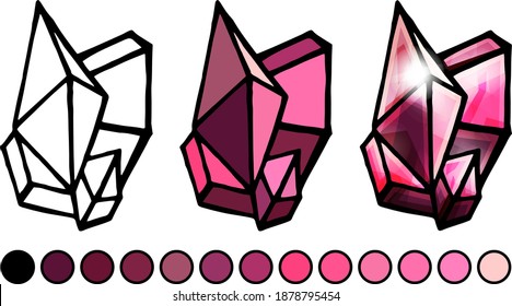 Coloring book, crystal, white background, cartoon style, doodle, flat style, isolated, mineral, gem, jewelry, stone, diamond, coloring, children, education, childhood, example, painting, logic, task