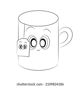Coloring book ,Cup with tea bag character Outline illustration isolated on white background. one line. Coloring book for children and adults. Print for t-shirt, cup, children's clothing Vector