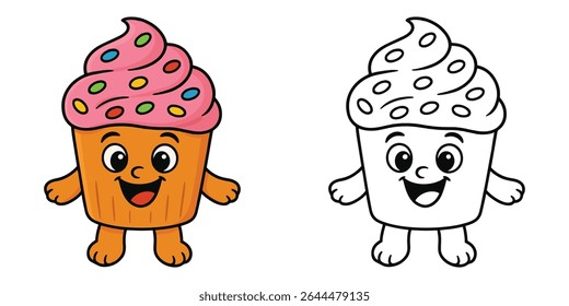 Coloring book of a cupcake cartoon with colorful sprinkles vector outline illustration
