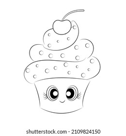 Coloring book, cupcake character Outline illustration isolated on white background. one line. Coloring book for children and adults. Print for t-shirt, cup, children's clothing. Vector illustration