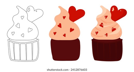 Coloring book with cupcake and hearts. Three cupcake options in lines, in color, and the final version. Coloring book for children's creativity. Valentine's Day and wedding
