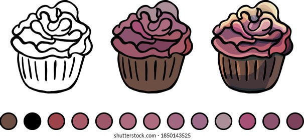Coloring book, cupcake, white background, cartoon style, doodle, flat style, isolated, education, joy, coloring, for children, childhood, example, paints, develop, draw, sweet, baking, dessert, muffin
