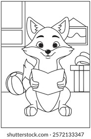 Coloring book Curious fox engrossed in a book