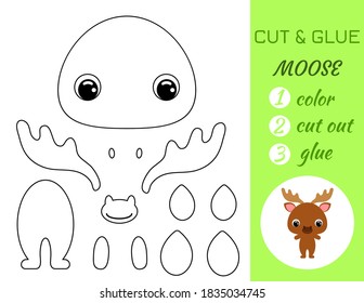 Coloring book cut and glue baby moose. Educational paper game for preschool children. Cut and Paste Worksheet. Color, cut parts and glue on paper.Cartoon character. Vector stock illustration.