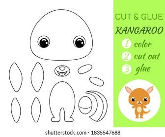 Coloring book cut and glue baby kangaroo. Educational paper game for preschool children. Cut and Paste Worksheet. Color, cut parts and glue on paper.Cartoon character. Vector stock illustration.