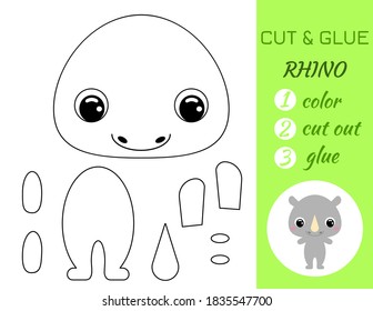 Coloring book cut and glue baby rhino. Educational paper game for preschool children. Cut and Paste Worksheet. Color, cut parts and glue on paper.Cartoon character. Vector stock illustration.