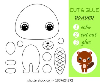 Coloring book cut and glue baby beaver. Educational paper game for preschool children. Cut and Paste Worksheet. Color, cut parts and glue on paper.Cartoon character. Vector stock illustration.