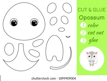 Coloring book cut and glue baby opossum. Educational paper game for preschool children. Cut and Paste Worksheet. Color, cut parts and glue on paper. Vector illustration.