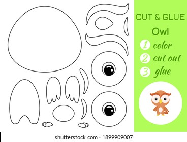 Coloring book cut and glue baby owl. Educational paper game for preschool children. Cut and Paste Worksheet. Color, cut parts and glue on paper. Vector illustration.