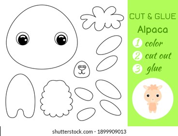 Coloring book cut and glue baby alpaca. Educational paper game for preschool children. Cut and Paste Worksheet. Color, cut parts and glue on paper. Vector illustration.