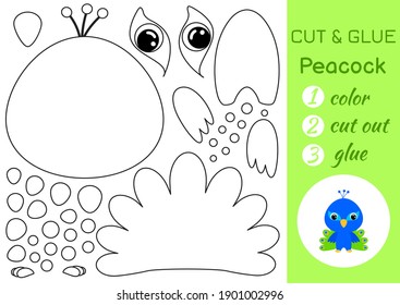 Coloring book cut and glue baby peacock. Educational paper game for preschool children. Cut and Paste Worksheet. Color, cut parts and glue on paper. Vector illustration.