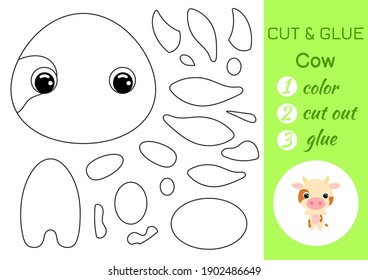 Coloring book cut and glue baby cow. Educational paper game for preschool children. Cut and Paste Worksheet. Color, cut parts and glue on paper. Vector illustration.