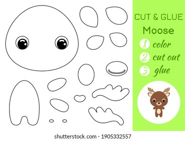 Coloring book cut and glue baby moose. Educational paper game for preschool children. Cut and Paste Worksheet. Color, cut parts and glue on paper. Vector illustration.