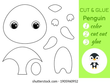 Coloring book cut and glue baby penguin. Educational paper game for preschool children. Cut and Paste Worksheet. Color, cut parts and glue on paper. Vector illustration.