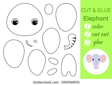 Corta el libro de colorear y pega elefante bebé. Juego de papel educativo para niños en edad preescolar. Cortar y pegar hoja de cálculo. Color, partes cortadas y pegamento en papel. Ilustración vectorial.