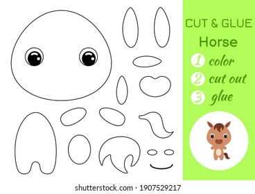 Coloring book cut and glue baby horse. Educational paper game for preschool children. Cut and Paste Worksheet. Color, cut parts and glue on paper. Vector illustration.