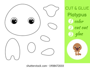 Coloring book cut and glue baby platypus. Educational paper game for preschool children. Cut and Paste Worksheet. Color, cut parts and glue on paper. Vector illustration.