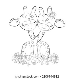 Coloring book, cute African giraffes, beautiful outline illustration isolated on white background. one line. Coloring book for children and adults. Printing on t-shirt, cup, children's clothing