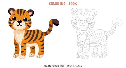 Libro para colorear del tigre salvaje africano lindo en estilo escandinavo aislado en el fondo blanco. Dibujo para colorear de bonito animal. Vector ilustración de dibujos animados.