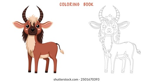 Coloring book of cute African wild wildebeest in scandinavian style isolated on white background. Coloring page of pretty animal. Vector cartoon illustration.