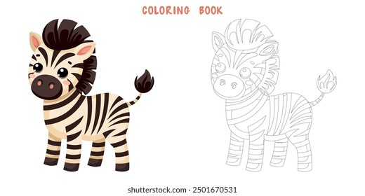 Coloring book of cute African wild zebra in scandinavian style isolated on white background. Coloring page of pretty animal. Vector cartoon illustration.