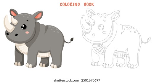 Coloring book of cute African wild rhinoceros in scandinavian style isolated on white background. Coloring page of pretty animal. Vector cartoon illustration.