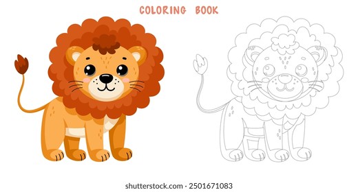 Libro para colorear del león salvaje africano lindo en estilo escandinavo aislado en el fondo blanco. Dibujo para colorear de bonito animal. Vector ilustración de dibujos animados.