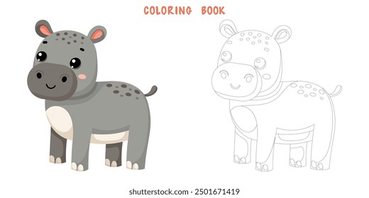 Coloring book of cute African wild hippopotamus in scandinavian style isolated on white background. Coloring page of pretty animal. Vector cartoon illustration.