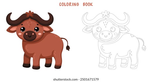 Coloring book of cute African wild buffalo in scandinavian style isolated on white background. Coloring page of pretty animal. Vector cartoon illustration.