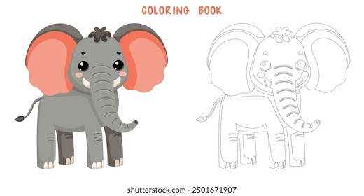 Coloring book of cute African wild elephant in scandinavian style isolated on white background. Coloring page of pretty animal. Vector cartoon illustration.