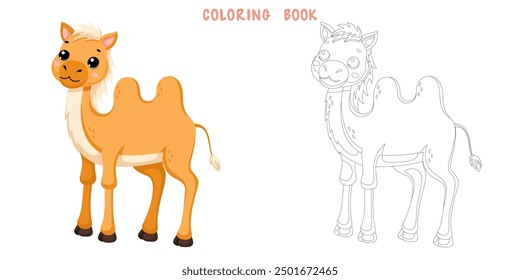 Coloring book of cute African wild camel in scandinavian style isolated on white background. Coloring page of pretty animal. Vector cartoon illustration.