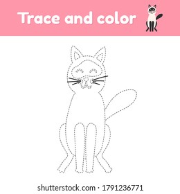 Coloring book with cute animal a cat. For kids kindergarten, preschool and school age. Trace worksheet. Development of fine motor skills and handwriting. Vector illustration.