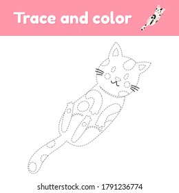 Coloring book with cute animal a cat. For kids kindergarten, preschool and school age. Trace worksheet. Development of fine motor skills and handwriting. Vector illustration.