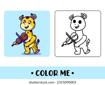 Coloring book cute animal for education. cute giraffe with violin black and white illustration