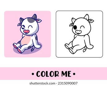 Coloring book cute animal for education. cute cow black and white illustration