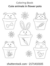 Coloring Book. Cute animals in flower pots. Vector illustration. For children's creativity