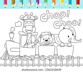 Coloring book of cute animals on steam train. Vector cartoon illustration