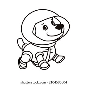 Coloring book: cute astronaut dog in space suit. Isolated vector illustration on white background in cartoon flat style, sticker.