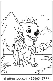 Coloring book cute baby dragon in nature mountain 