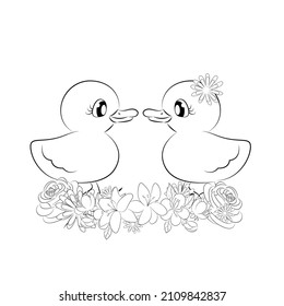 Coloring book ,cute baby duck chicks Outline illustration isolated on white background. one line. Coloring book for children and adults. Print for t-shirt, cup, children's clothing. Vector
