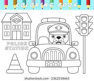 Coloring book of cute bear cop on police car with traffic element. Vector cartoon illustration svg