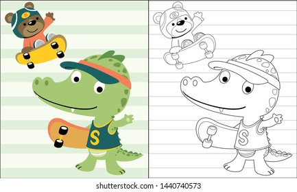 Coloring book of cute bear with crocodile cartoon playing skateboard