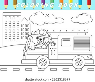 Coloring book of cute bear driving fire truck in city road. Vector cartoon illustration
